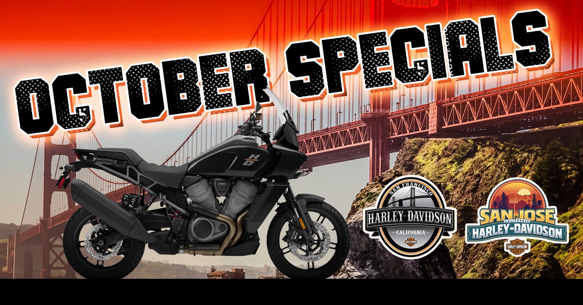Graphic about Oct specials at San Francisco and San Jose Harley-Davidson dealerships.