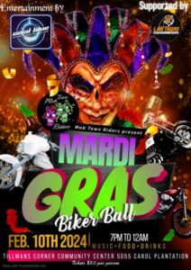 Flier for Mob Town Riders Mardi Gras Biker Ball Feb. 10