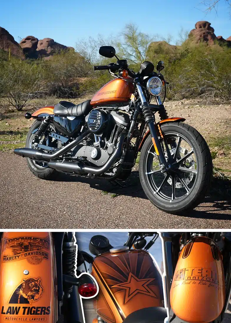 arizona bike week photo collage of a motorcycle and law tigers back tattoo