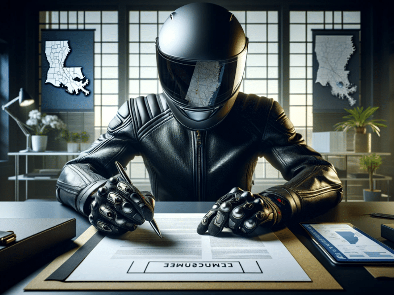 Animated motorcyclist signing insurance papers